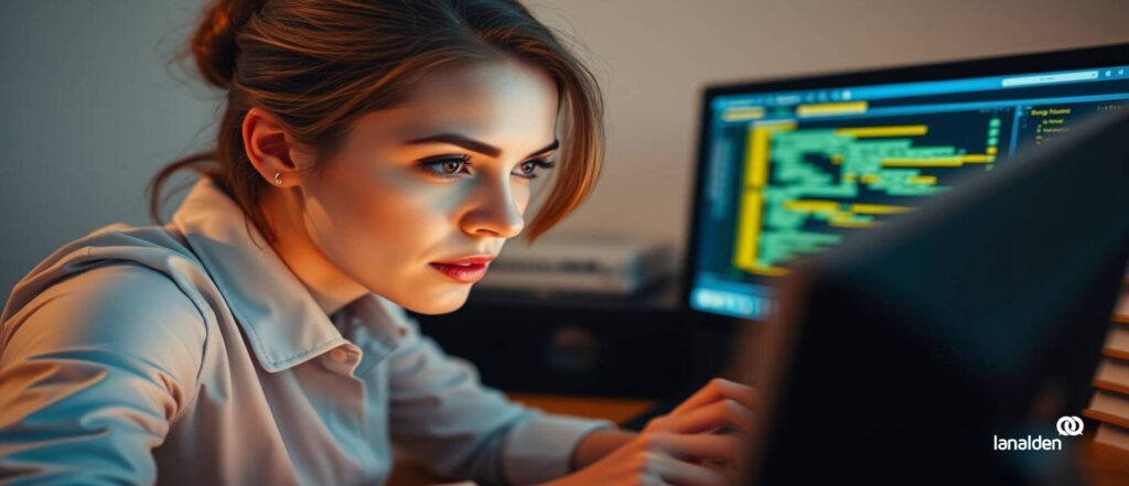 Mujer usando un ordenador, ilustrando la campaña de KZgunea desarrollada con Inteligencia Artificial para impulsar la alfabetización digital.