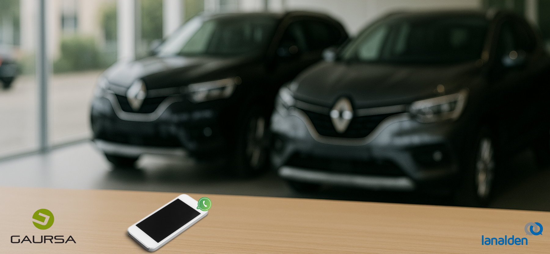 Showroom de vehículos Renault que ilustra la cualificación de leads gestionada por Lanalden para GAURSA mediante WhatsApp.