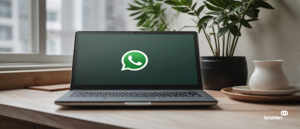 Portátil con icono de WhatsApp en pantalla en oficina de Contact Center de Lanalden en Madrid, mostrando la estrategia de Call Deflection para atención al cliente.