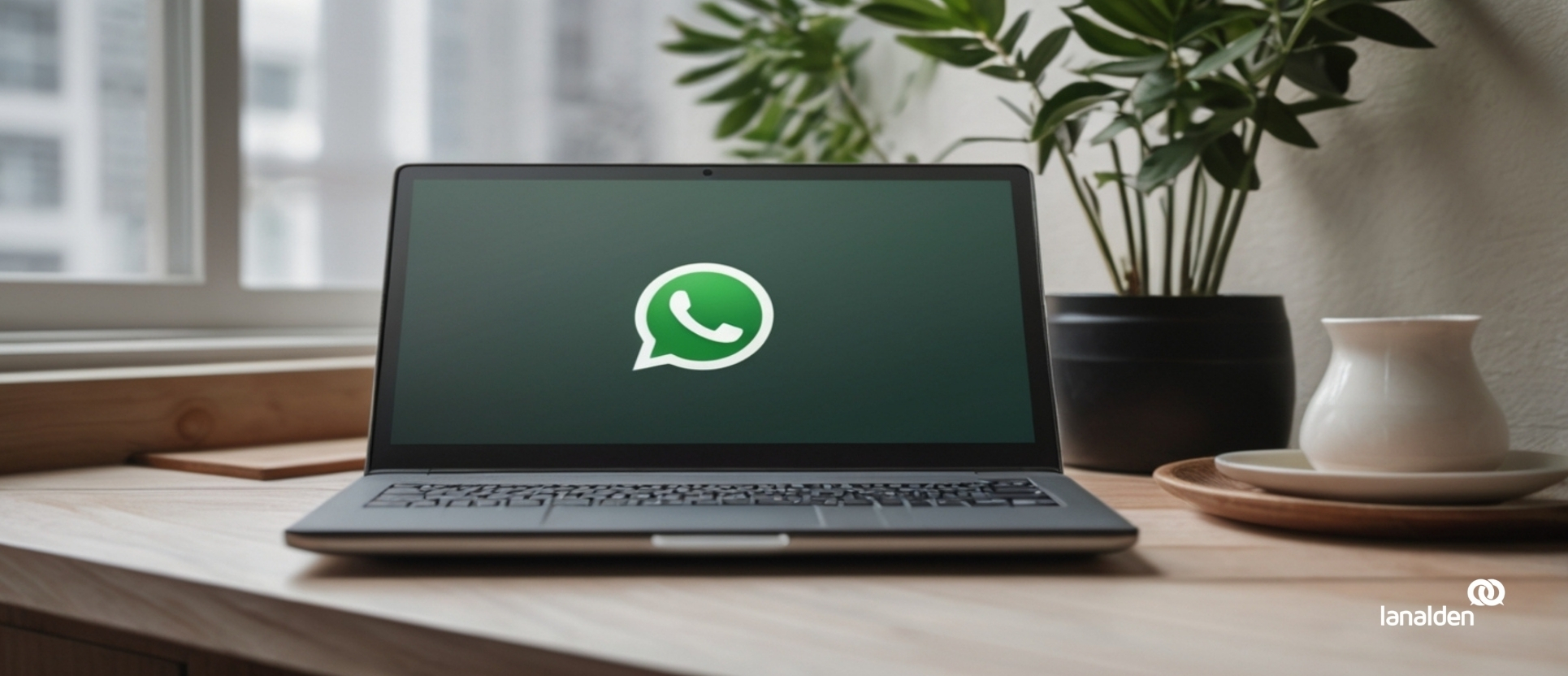 Portátil con icono de WhatsApp en pantalla en oficina de Contact Center de Lanalden en Madrid, mostrando la estrategia de Call Deflection para atención al cliente.