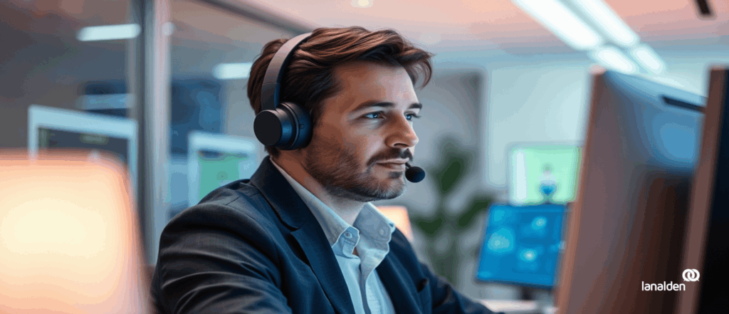 Imagen de un contact center inteligente en Madrid, mostrando agentes usando tecnología avanzada de IA para mejorar la atención al cliente.