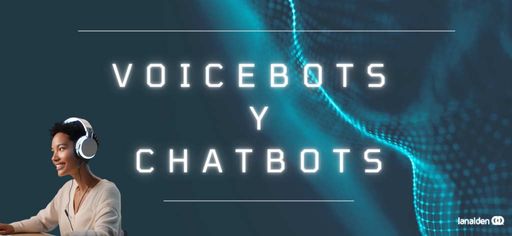 Ilustración de un chatbot y un voicebot representando soluciones de atención automatizada en un entorno de Contact Center.