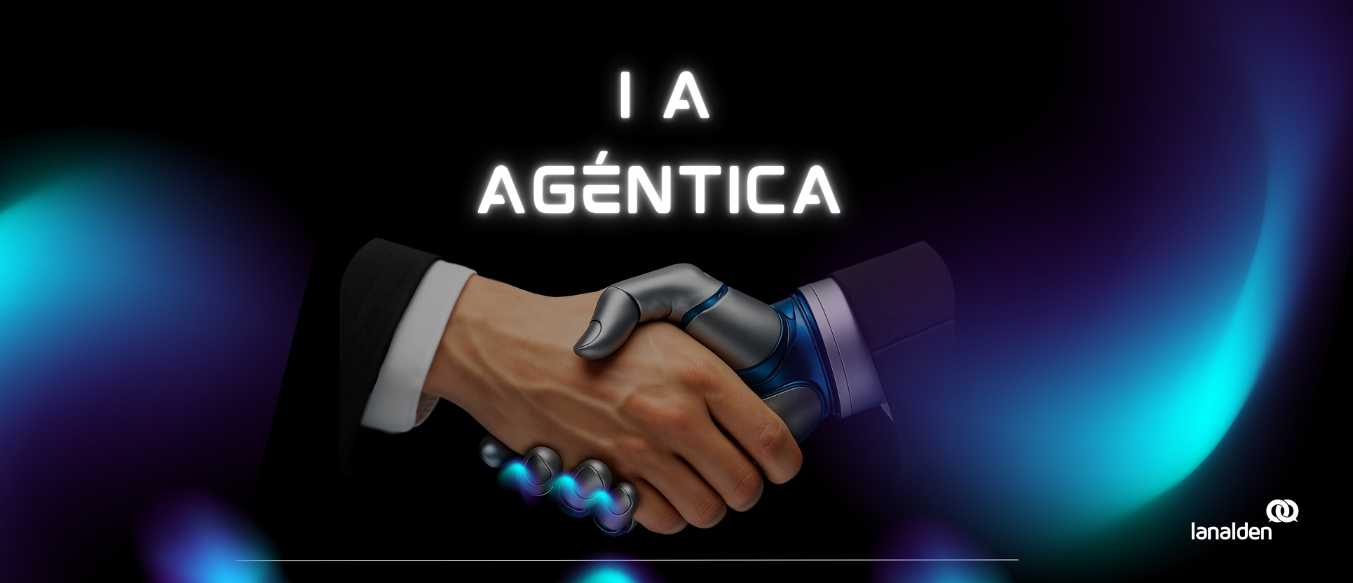 Asistente de IA agéntica LucIA Voice Agent estrechando la mano a humano en el contact center de Lanalden ubicado en Bilbao.