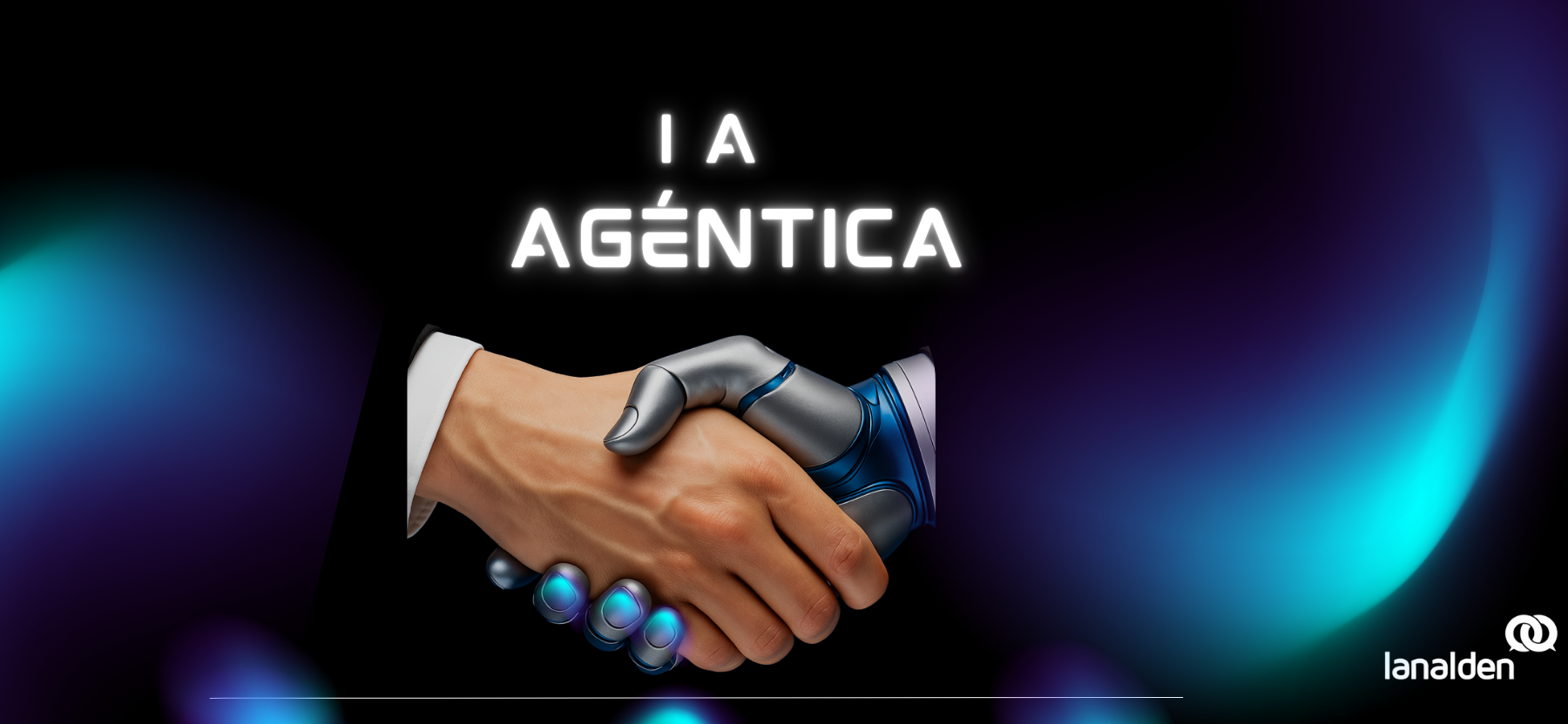 Asistente de IA agéntica LucIA Voice Agent estrechando la mano a humano en el contact center de Lanalden ubicado en BIlbao.