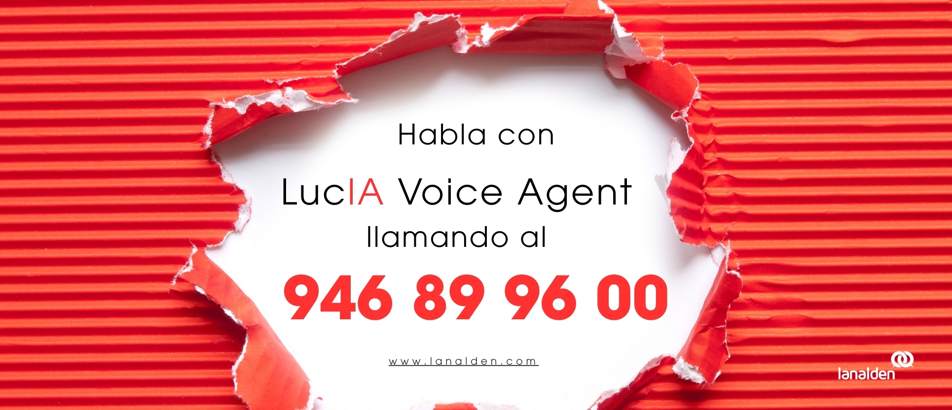 Imagen promocional de LucIA Voice Agent de Lanalden, destacando el número de teléfono para contactar con la IA agéntica a través de una llamada.