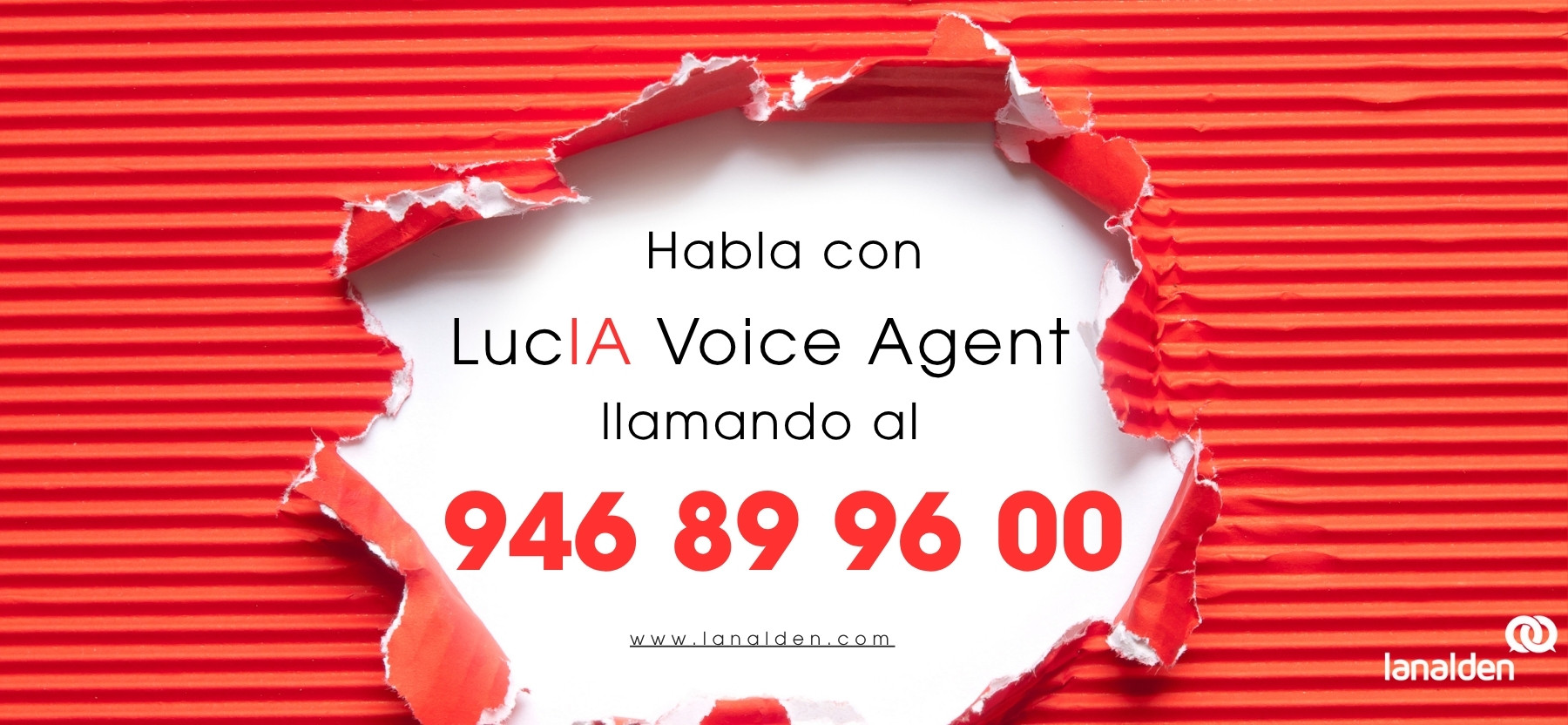Imagen promocional de LucIA Voice Agent de Lanalden, destacando el número de teléfono para contactar con la IA agéntica a través de una llamada.