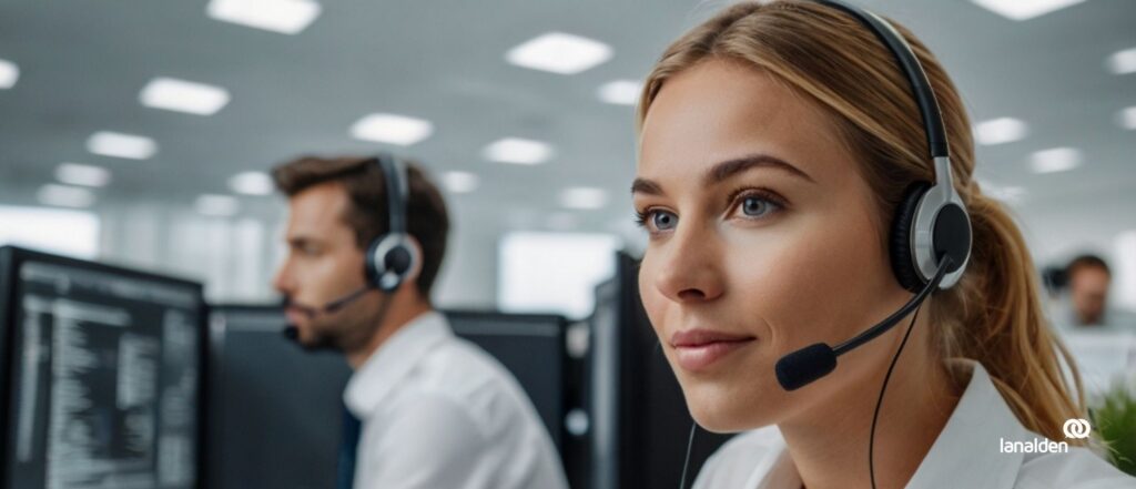 Agentes de Atención al Cliente en Contact Center Madrid de Lanalden atendiendo a clientes.