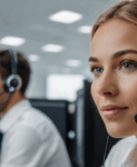 Agente de Contact Center con auriculares gestionando atención al cliente con inteligencia artificial en oficina moderna. Servicios en Bilbao, Barcelona y Madrid.