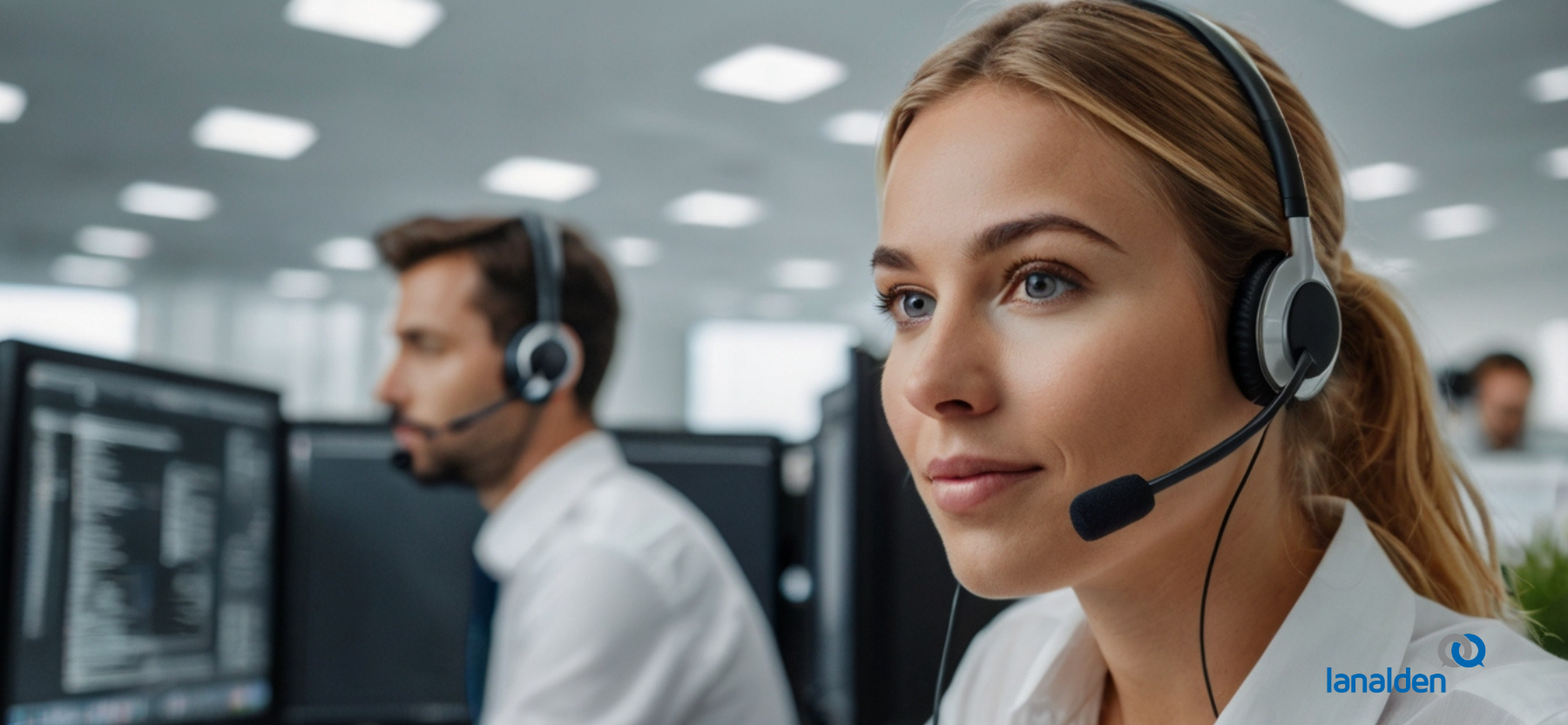 Agente de Contact Center con auriculares gestionando atención al cliente con inteligencia artificial en oficina moderna. Servicios en Bilbao, Barcelona y Madrid.