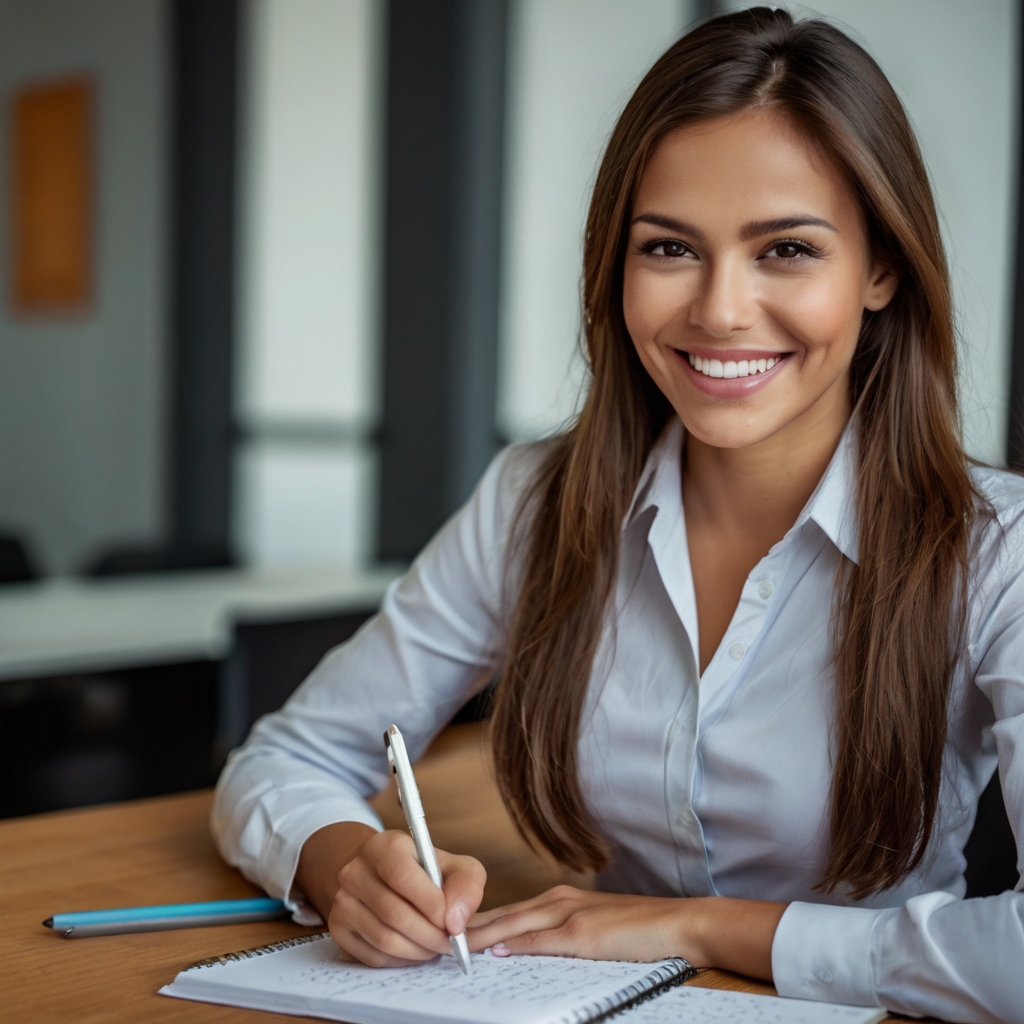 Mujer joven trabajando con ilusión en el equipo de Lanalden.