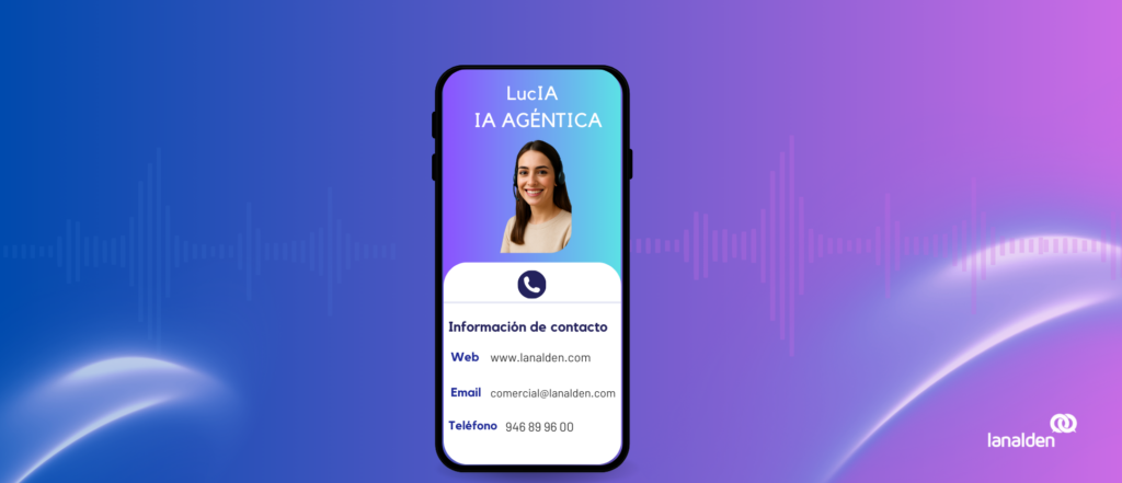 Imagen de portada del post sobre IA agéntica y conversacional de Lanalden. Muestra una interfaz móvil con una asistente virtual, fondo degradado en tonos morados y azules, y elementos visuales de voz digital, representando tecnología avanzada en atención al cliente.