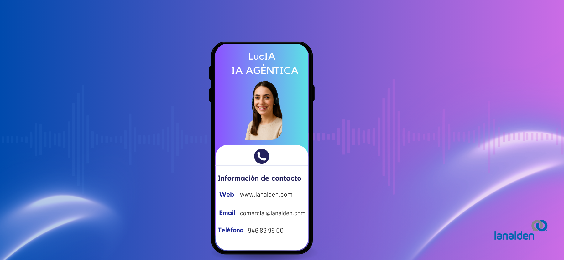 Imagen de portada del post sobre IA agéntica y conversacional de Lanalden. Muestra una interfaz móvil con una asistente virtual, fondo degradado en tonos morados y azules, y elementos visuales de voz digital, representando tecnología avanzada en atención al cliente.
