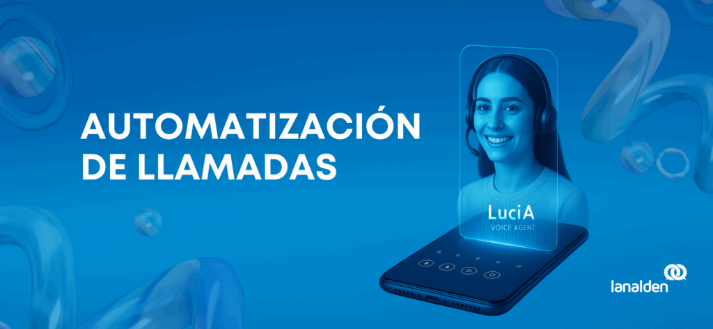 Holograma azul de LucIA Voice Agent, la IA agétnica de Lanalden con auriculares emergiendo desde un smartphone.
