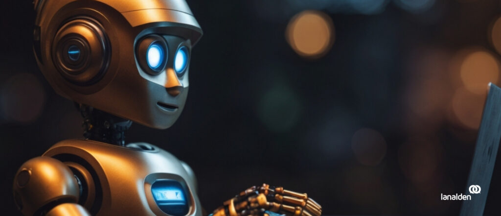 Robot humanoide interactuando con un portátil, simbolizando un chatbot en atención al cliente.