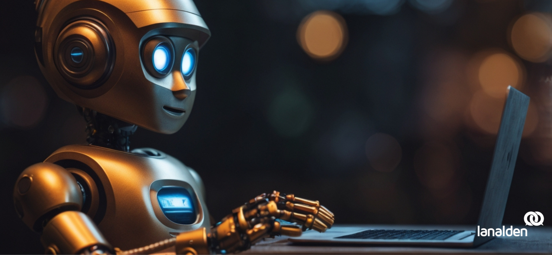 Robot humanoide interactuando con un portátil, simbolizando un chatbot en atención al cliente