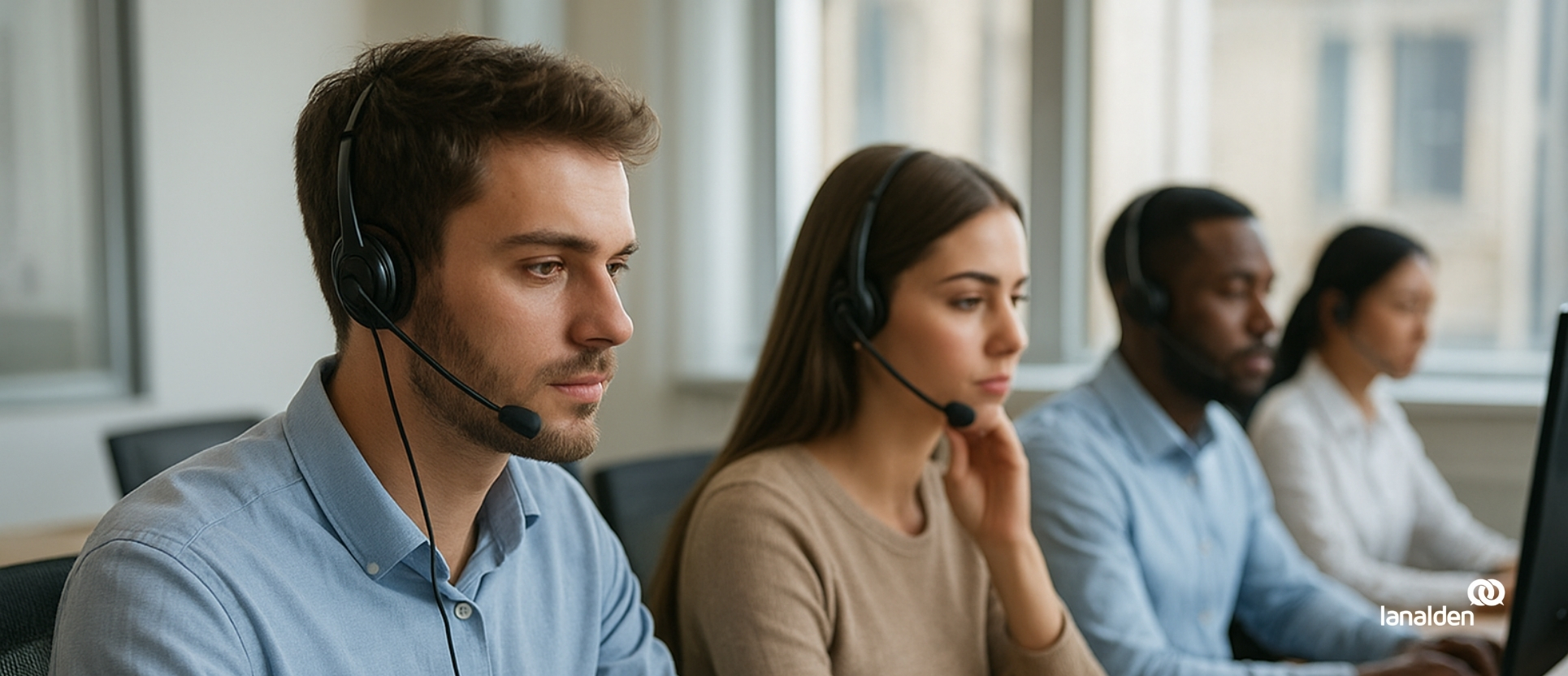 Teleoperadores trabajando en contact center Madrid de Lanalden con soporte de IA agéntica.