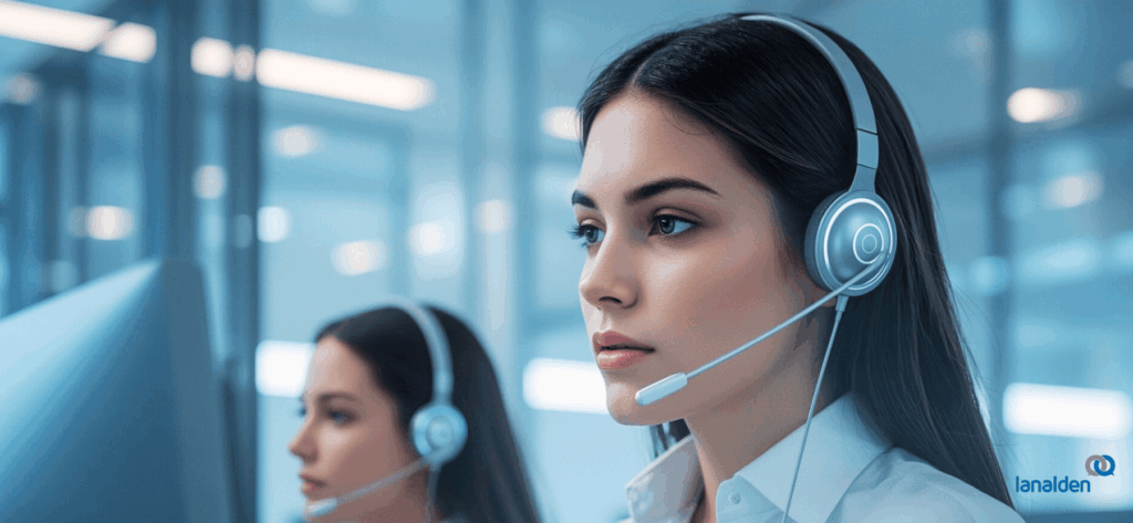 Agente conversacional con inteligencia artificial de Lanalden atendiendo a un cliente en un contact center moderno, representando la tecnología IA aplicada a la atención al cliente.