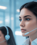 Agente conversacional con inteligencia artificial de Lanalden atendiendo a un cliente en un contact center moderno, representando la tecnología IA aplicada a la atención al cliente.