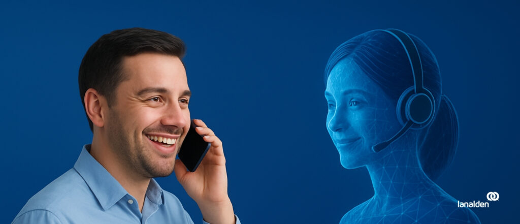 Cliente hablando por teléfono con una asistente virtual de IA conversacional de Lanalde. El asistente virtual tiene apariencia digital. Es un asistente virtual desarrollado por Lanalden, líder en soluciones de contact center con IA.