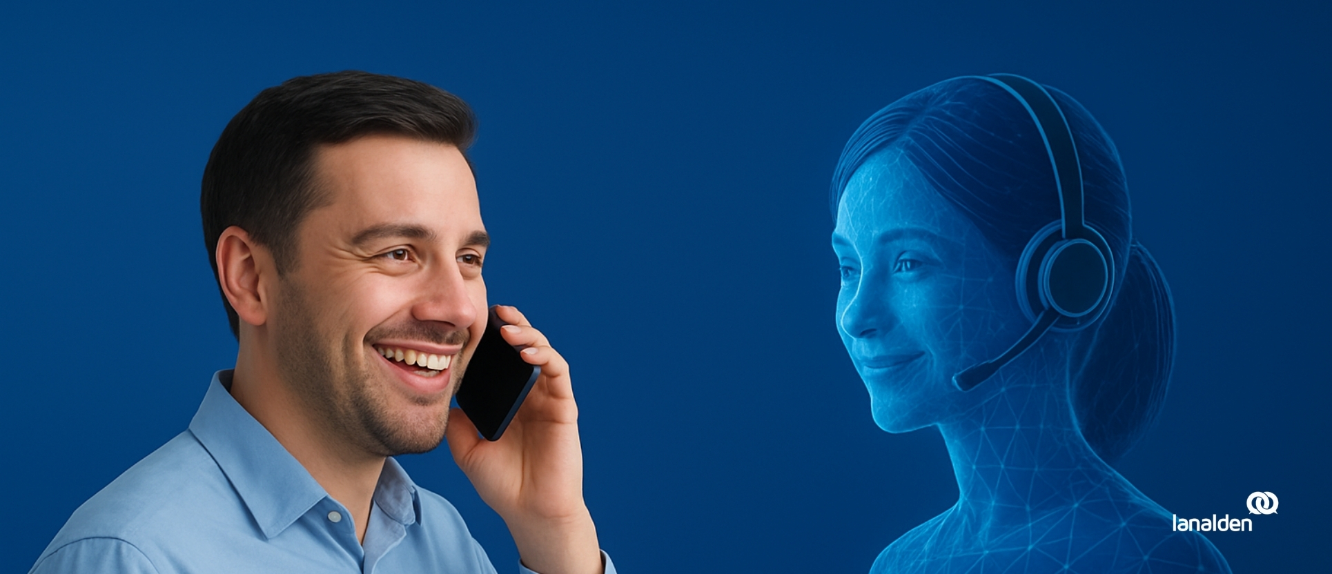 Cliente hablando por teléfono con una asistente virtual de IA conversacional de Lanalde. El asistente virtual tiene apariencia digital. Es un asistente virtual desarrollado por Lanalden, líder en soluciones de contact center con IA.