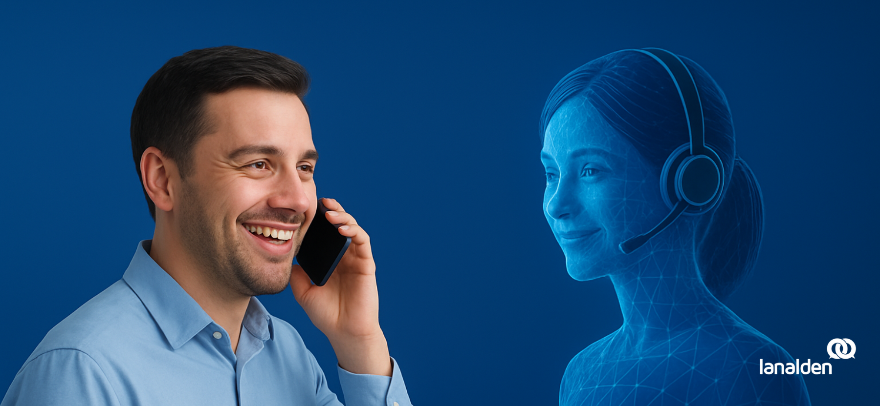 Hombre hablando por teléfono con una asistente virtual de IA conversacional con apariencia digital.