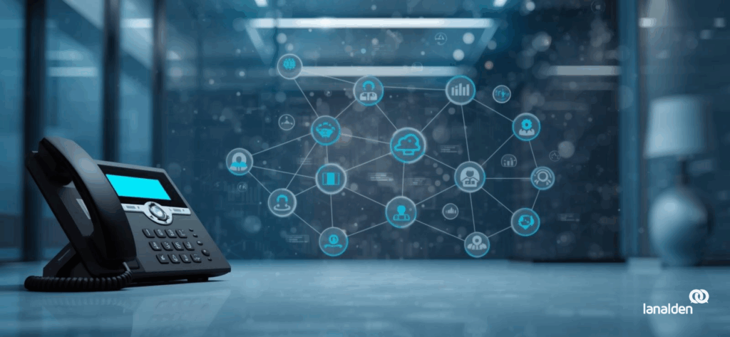 Teléfono fijo de oficina sobre un escritorio con íconos digitales de red y nube en el fondo, representando comunicación empresarial y telefonía IP.