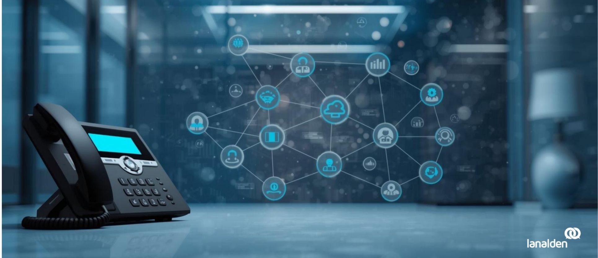 Teléfono fijo de oficina sobre un escritorio con íconos digitales de red y nube en el fondo, representando comunicación empresarial y telefonía IP.