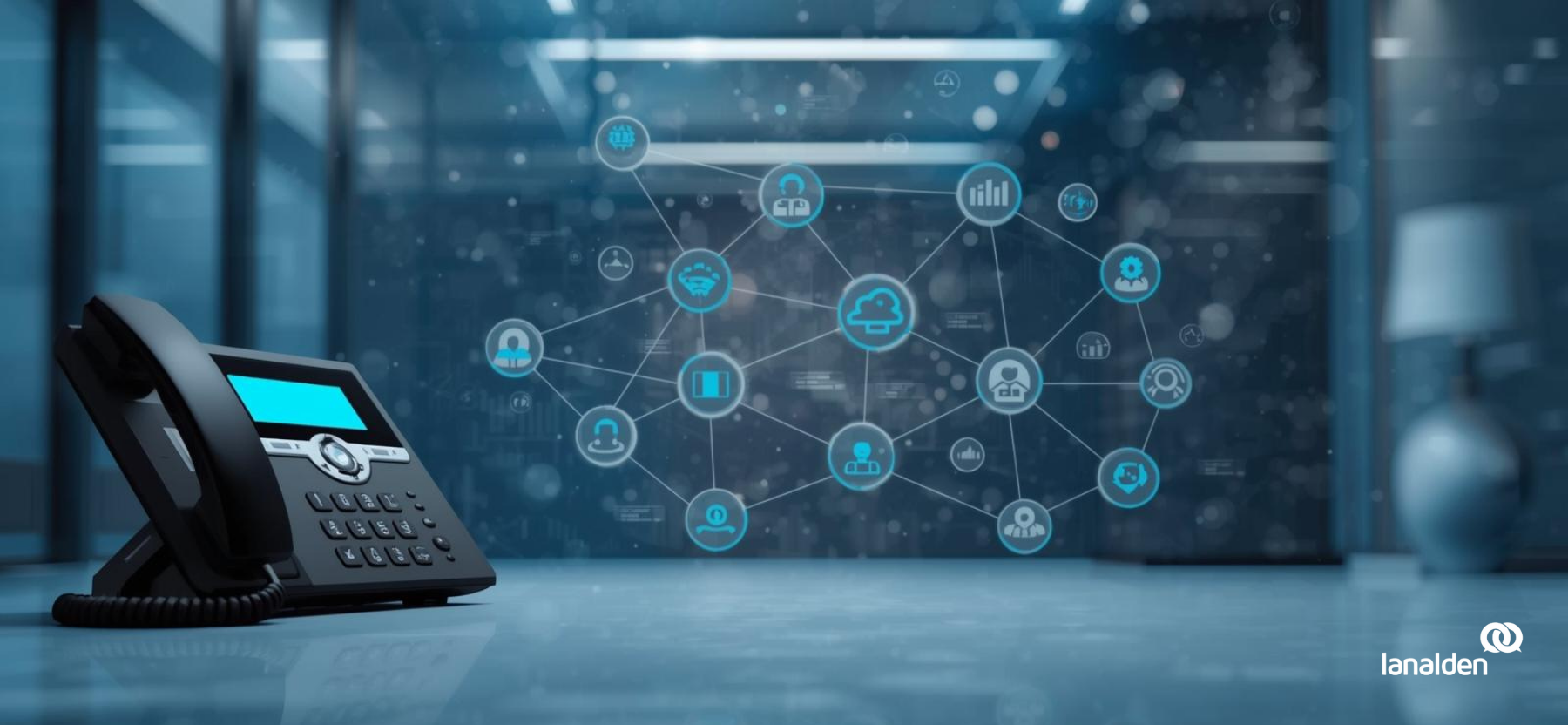 Teléfono fijo de oficina sobre un escritorio con íconos digitales de red y nube en el fondo, representando comunicación empresarial y telefonía IP.