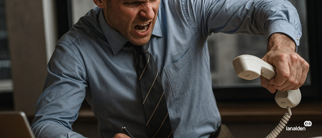 Cliente molesto cuelga el teléfono con gesto de frustración tras una larga espera en un contact center.