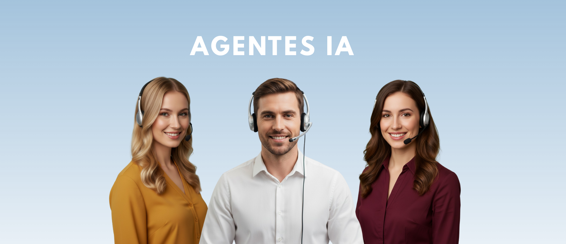 Tres agentes IA de Lanalden con auriculares, listos para atender clientes de forma eficiente y personalizada.