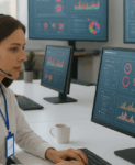 Contact center moderno con agentes humanos atendiendo llamadas y agentes IA en pantallas interactivas mostrando gráficos y estadísticas.