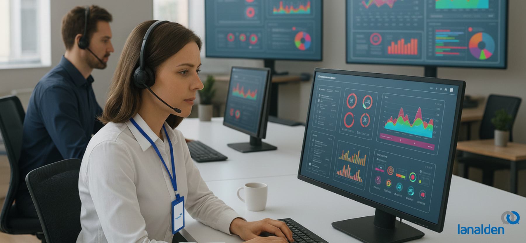 Contact center moderno con agentes humanos atendiendo llamadas y agentes IA en pantallas interactivas mostrando gráficos y estadísticas.