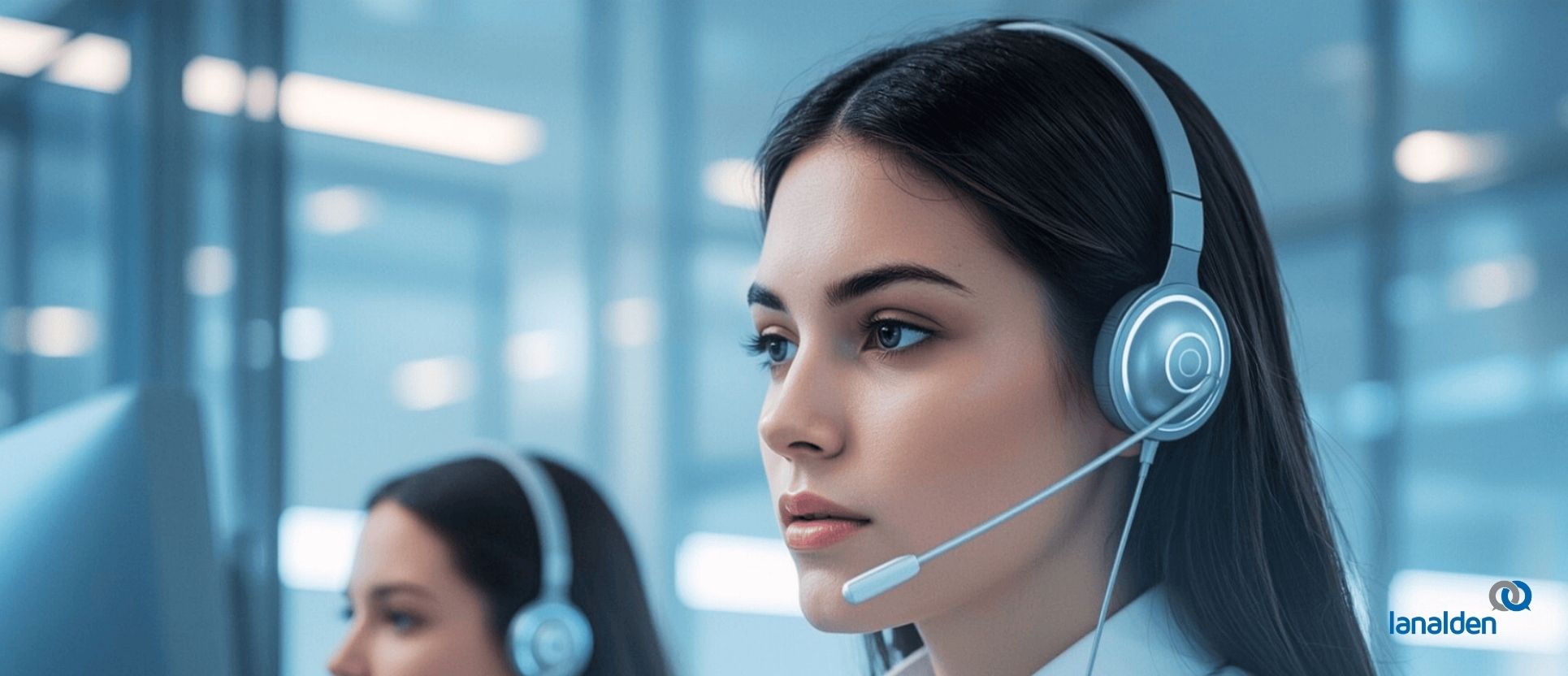 Agente conversacional con inteligencia artificial de Lanalden atendiendo a un cliente en un contact center moderno, representando la tecnología IA aplicada a la atención al cliente.