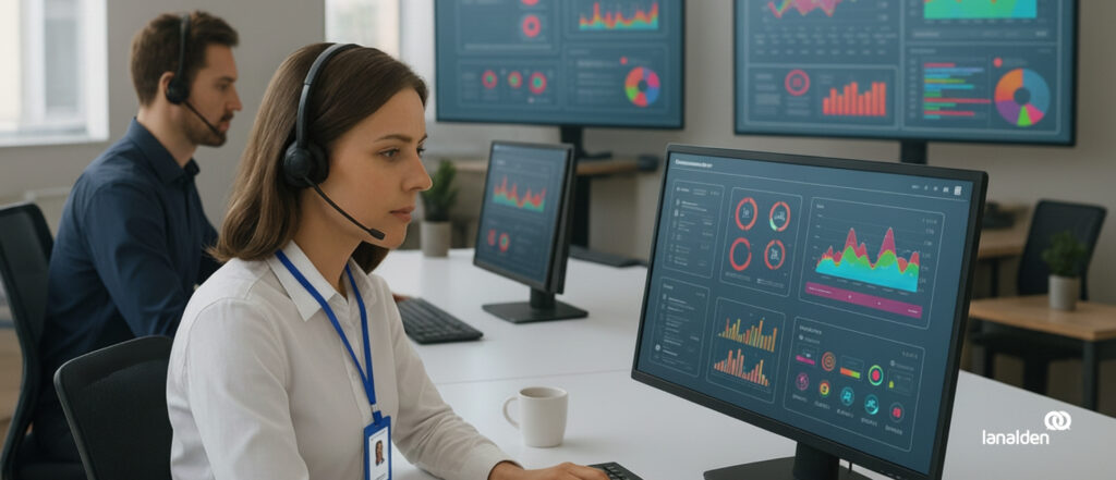 Contact center Madrid de Lanalden con agentes humanos atendiendo llamadas y agentes IA en pantallas interactivas mostrando gráficos y estadísticas.