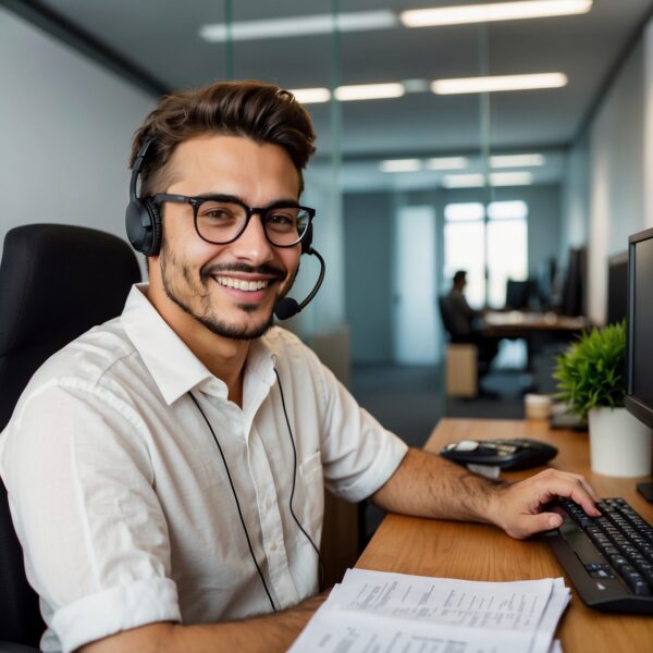 Asesor sonriente en oficina trabajando en un contact center Madrid con atención multicanal eficiente