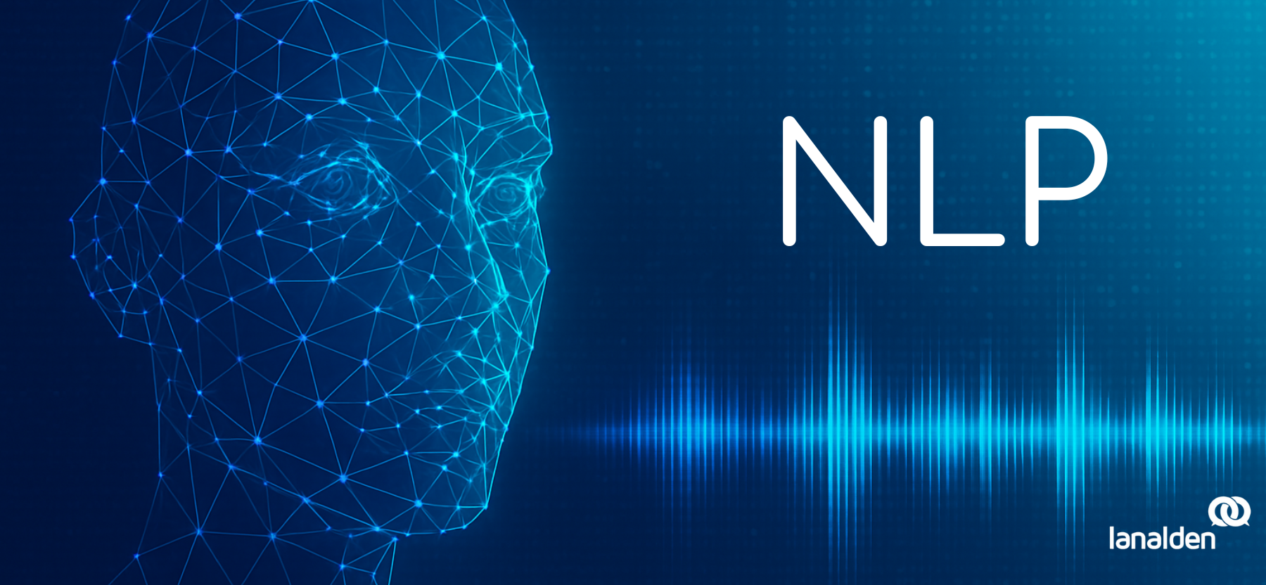 Rostro digital formado por líneas y puntos azules junto a una onda de sonido, representando la inteligencia artificial y el procesamiento del lenguaje natural en la comunicación.