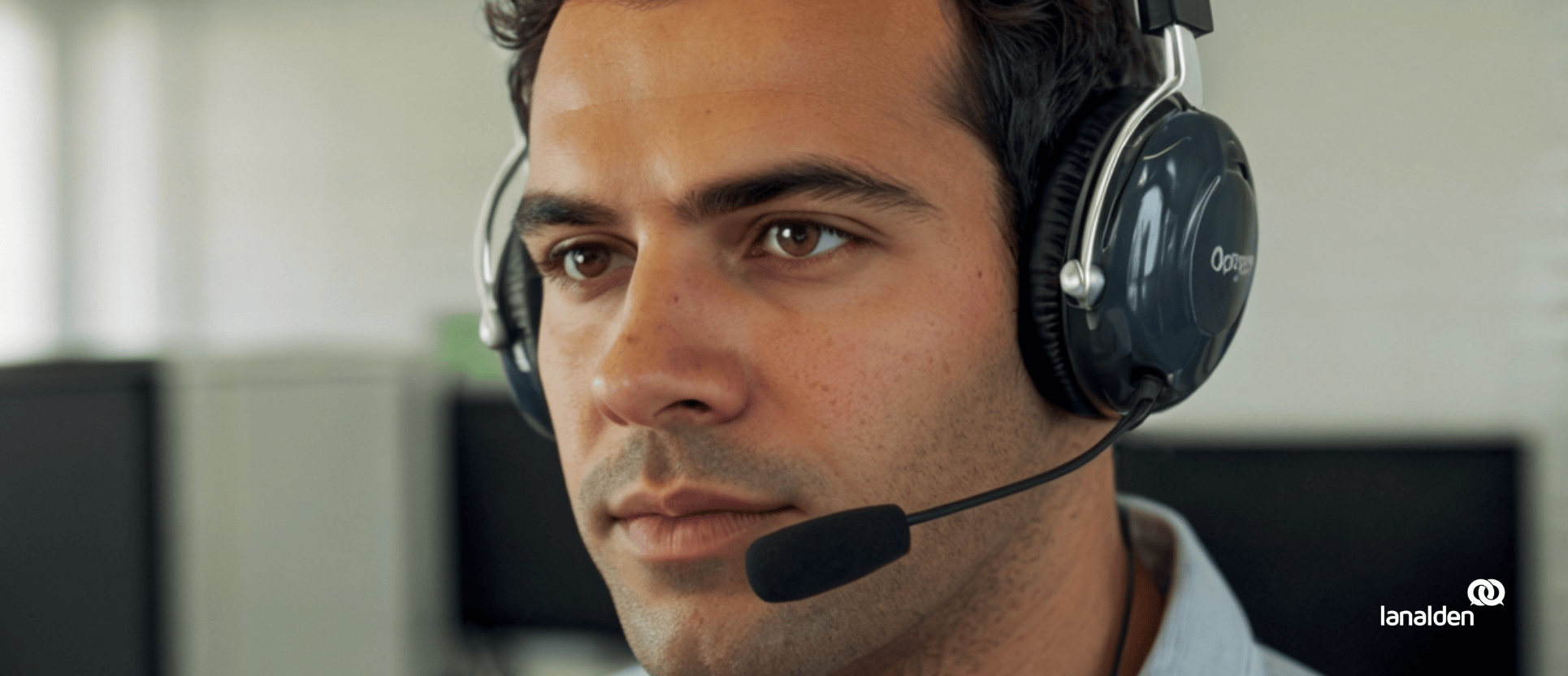 Agente de servicio al cliente del contact center Madrid de Lanalden atendiendo llamadas con auriculares