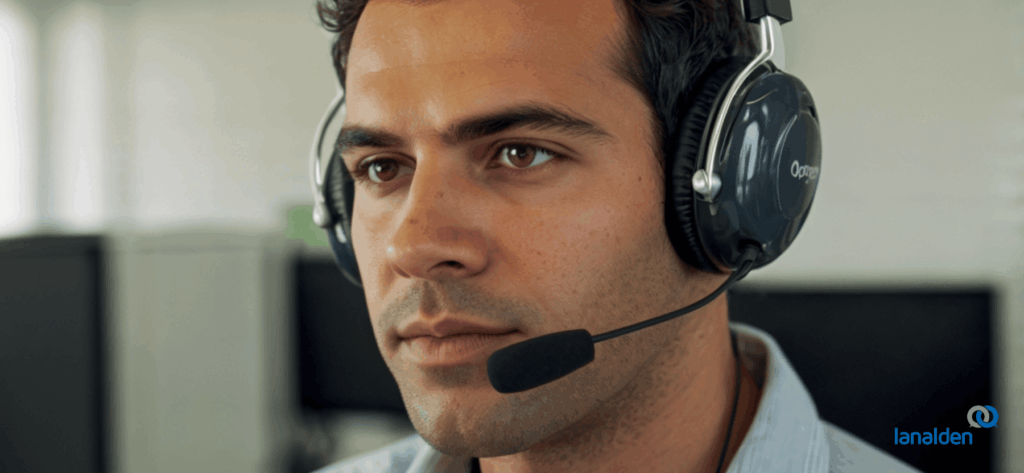 Agente de servicio al cliente del contact center Madrid de Lanalden atendiendo llamadas con auriculares