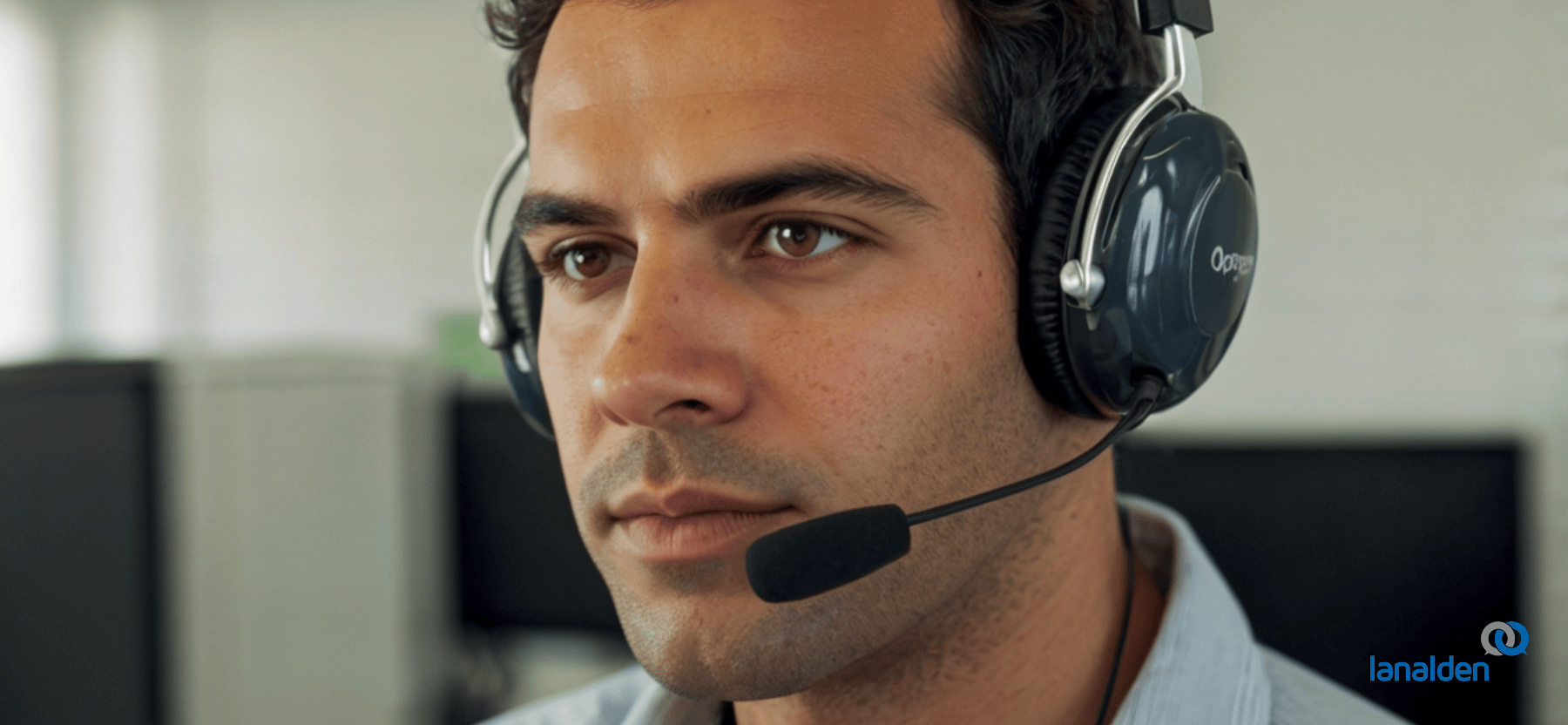 Agente de servicio al cliente del contact center Madrid de Lanalden atendiendo llamadas con auriculares