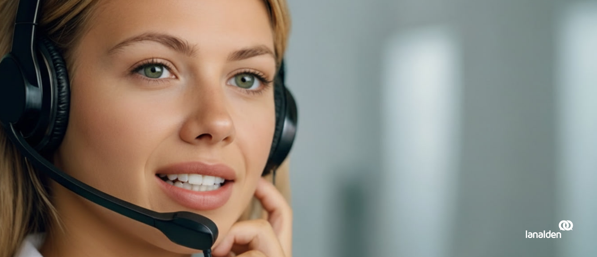 Agente virtual de Lanalden con auriculares representando una solución de IA conversacional.