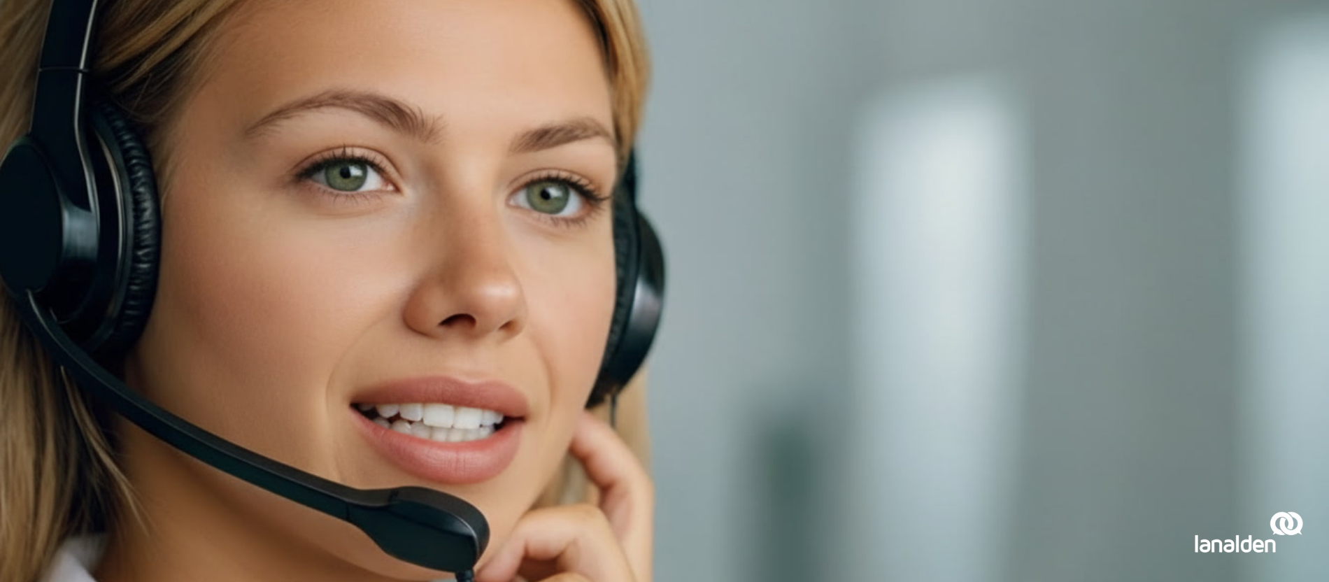 Agente virtual de Lanalden con auriculares representando una solución de IA conversacional.