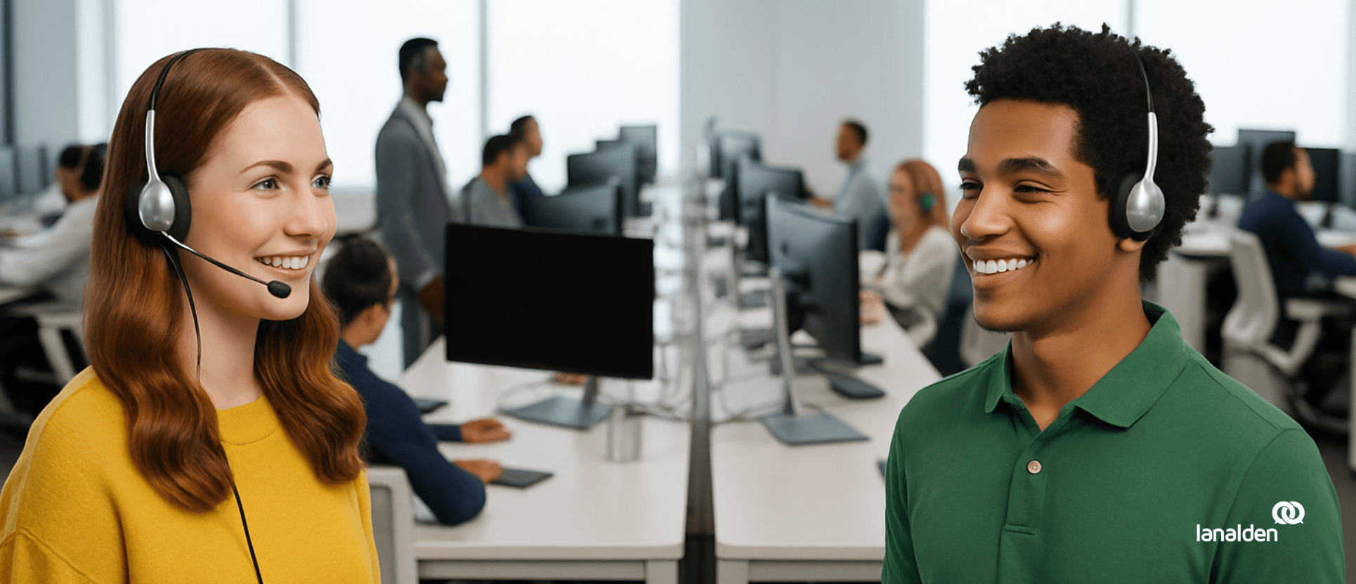 gentes sonrientes de IA conversacional de Lanalden interactuando y colaborando en oficina moderna