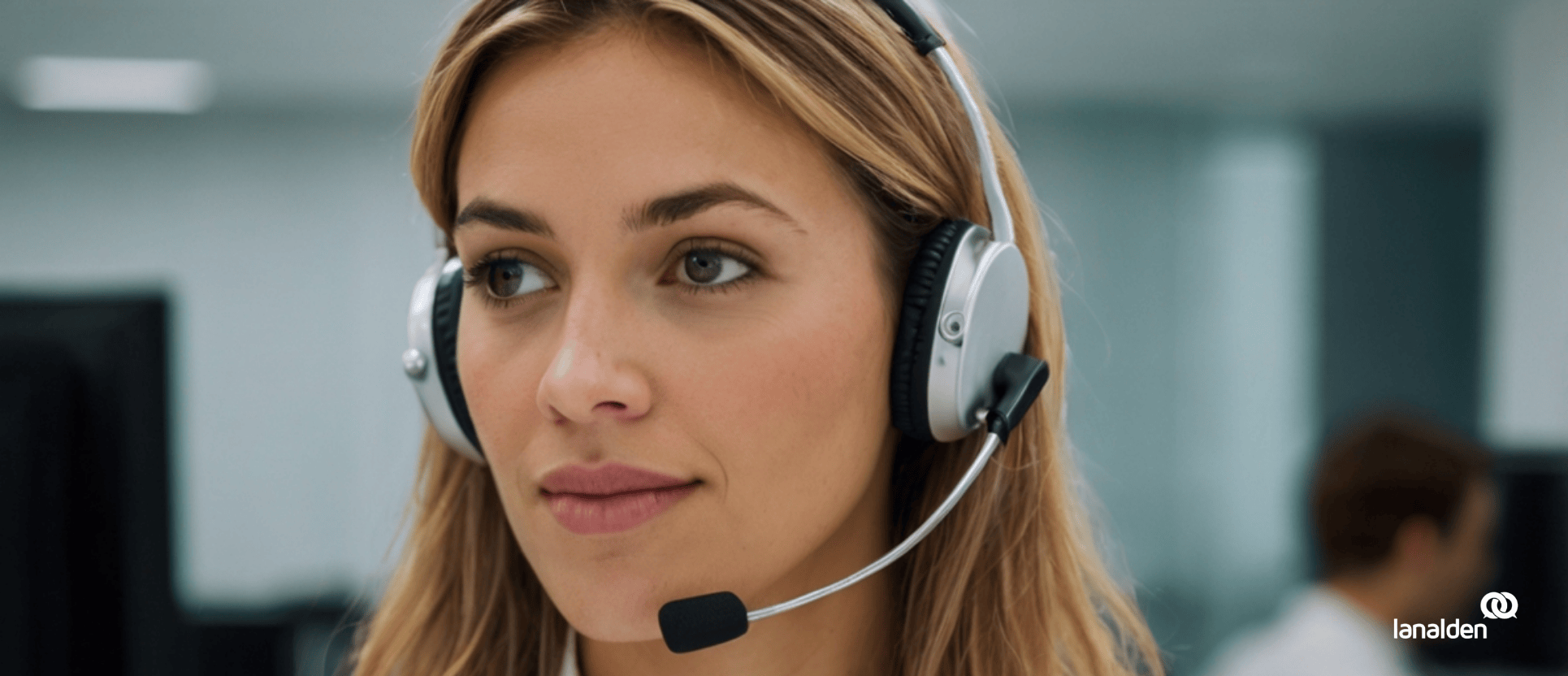 Mujer con auriculares representando la atención al cliente asistida por IA agéntica en contact center Madrid de Lanalden.