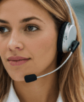 Mujer con auriculares representando la atención al cliente asistida por IA agéntica en contact center Madrid de Lanalden