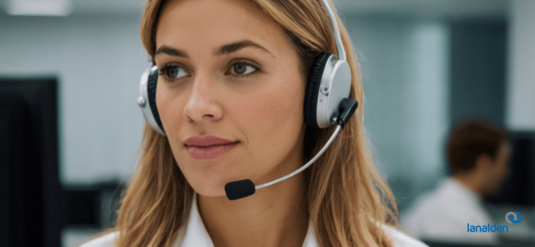 Mujer con auriculares representando la atención al cliente asistida por IA agéntica en contact center Madrid de Lanalden