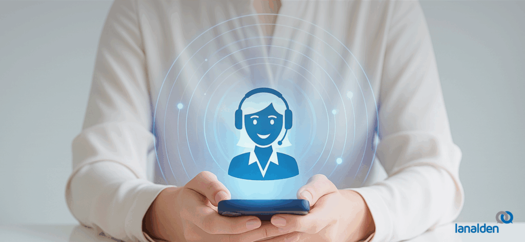 Mujer usando un móvil con icono de teleoperadora, representando IA conversacional en atención al cliente.
