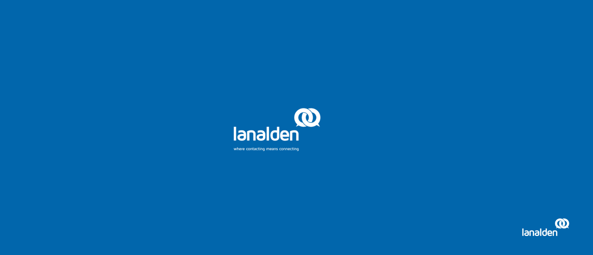 Logotipo de Lanalden en color blanco sobre fondo azul corporativo con el eslogan “where contacting means connecting”.