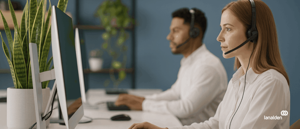Agentes de contact center Madrid atendiendo llamadas con auriculares frente a ordenadores.
