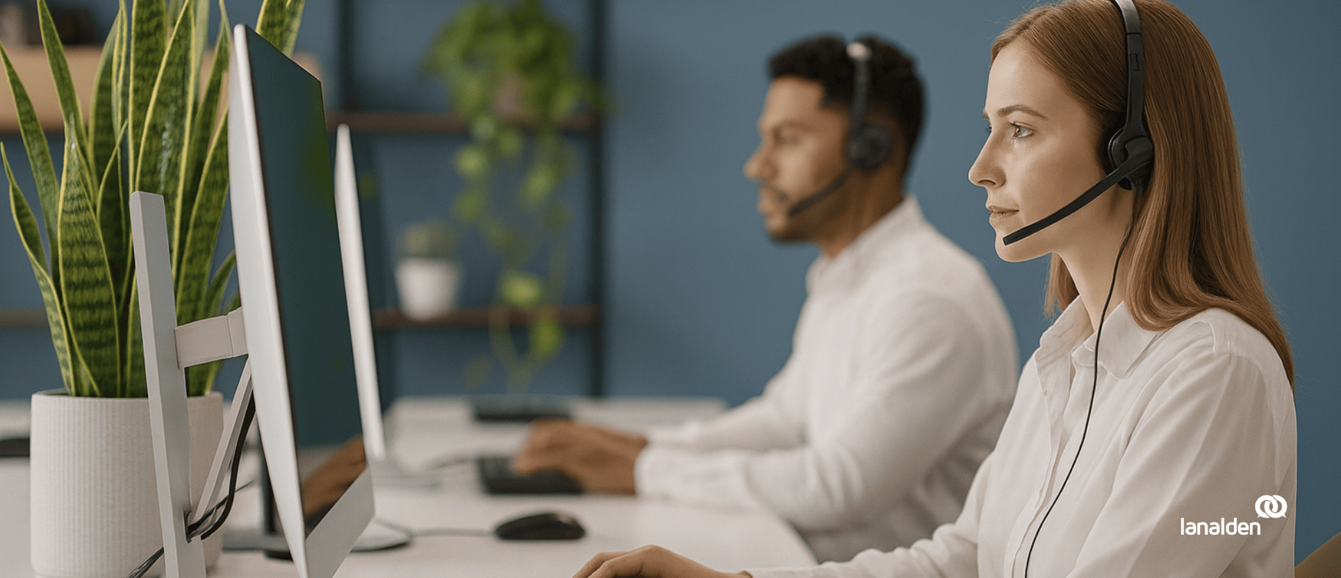 Agentes de contact center Madrid atendiendo llamadas con auriculares frente a ordenadores.