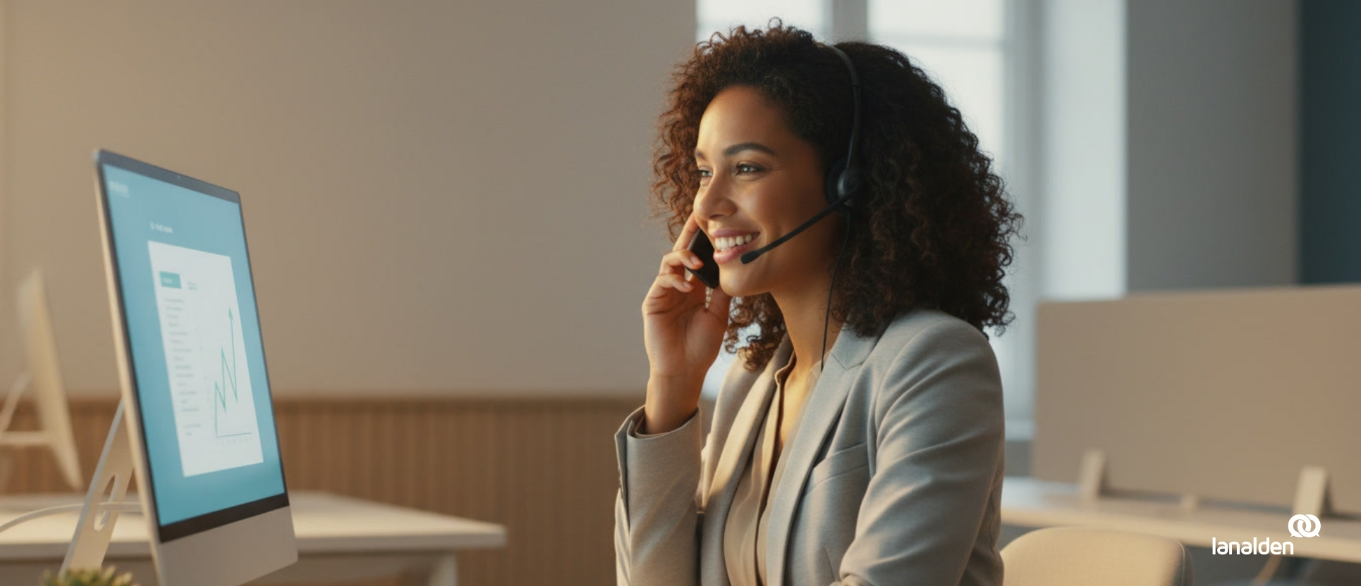 Agente sonriente trabajando en contact center Madrid, representando eficiencia y atención profesional en cada interacción con el cliente.